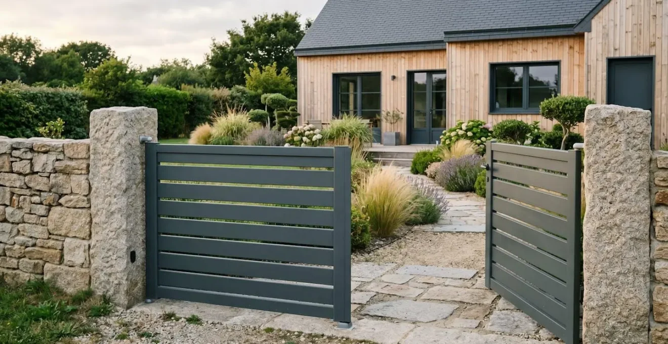 Portail coulissant aluminium gris anthracite à lames horizontales, design contemporain, installé sur muret pierre avec piliers maçonnés, maison moderne en arrière-plan avec bardage bois et menuiseries assorties, jardin paysagé, lumière douce de fin de journée