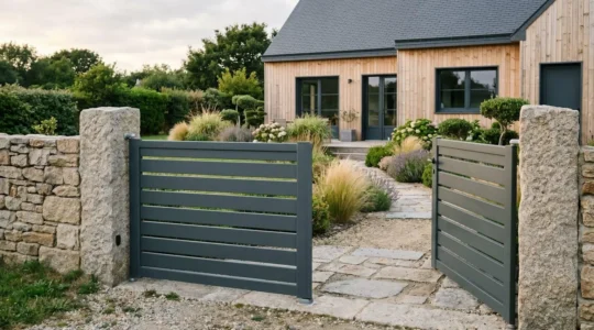Portail coulissant aluminium gris anthracite à lames horizontales, design contemporain, installé sur muret pierre avec piliers maçonnés, maison moderne en arrière-plan avec bardage bois et menuiseries assorties, jardin paysagé, lumière douce de fin de journée