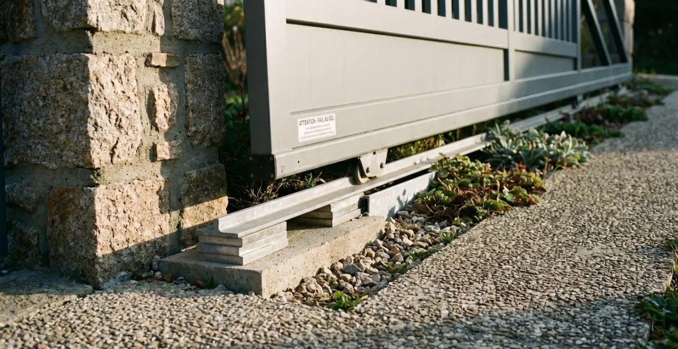 Vue latérale rapprochée au niveau du sol d'un portail coulissant aluminium installé sur terrain en pente, rail de guidage avec système de compensation niveau visible (cales métalliques), pilier pierre apparente, sol béton montrant dénivelé, lumière rasante accentuant le relief