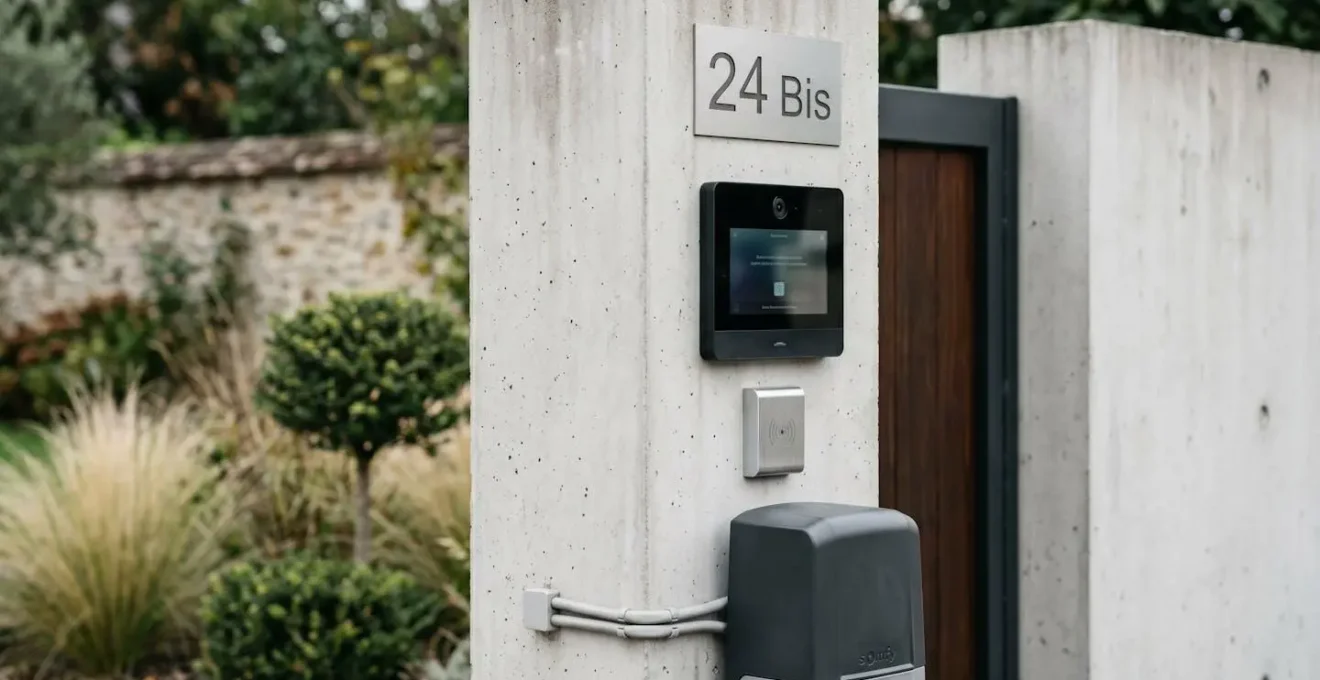 Vue rapprochée d'un pilier de portail en pierre gris clair avec interphone vidéo moderne à écran tactile noir, lecteur badge RFID en aluminium brossé, et boîtier motorisation gris anthracite partiellement visible, installation professionnelle soignée, végétation décorative en arrière-plan